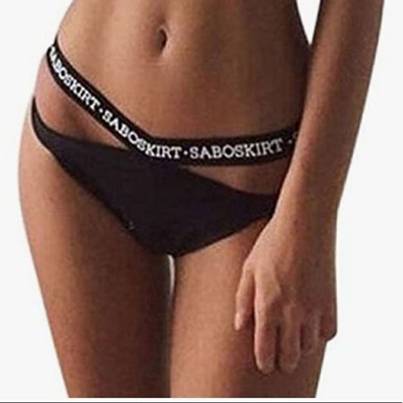Halter Criss-cross Letter Printed Black Bikini Bottom Small - Picture 1 of 5